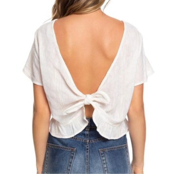 NWT Roxy Ghost Away Peplum White Cropped Blouse with Ruffle Hem Tie Back size M - Picture 2 of 10
